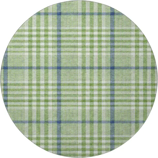 8' Green Ivory And Blue Plaid Washable Round Rug With UV Protection Photo 3