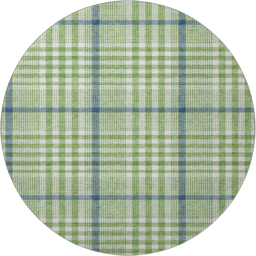 8' Green Ivory And Blue Plaid Washable Round Rug With UV Protection Photo 3