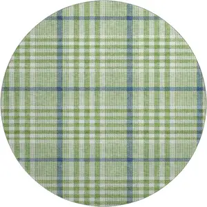 Photo of 8' Green Ivory And Blue Plaid Washable Round Rug With UV Protection