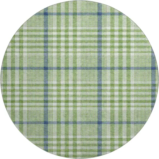 8' Green Ivory And Blue Plaid Washable Round Rug With UV Protection Photo 1