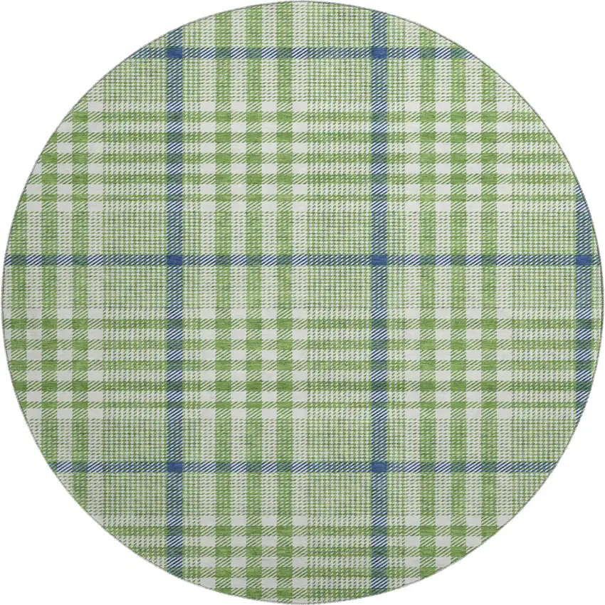 8' Green Ivory And Blue Plaid Washable Round Rug With UV Protection Photo 1