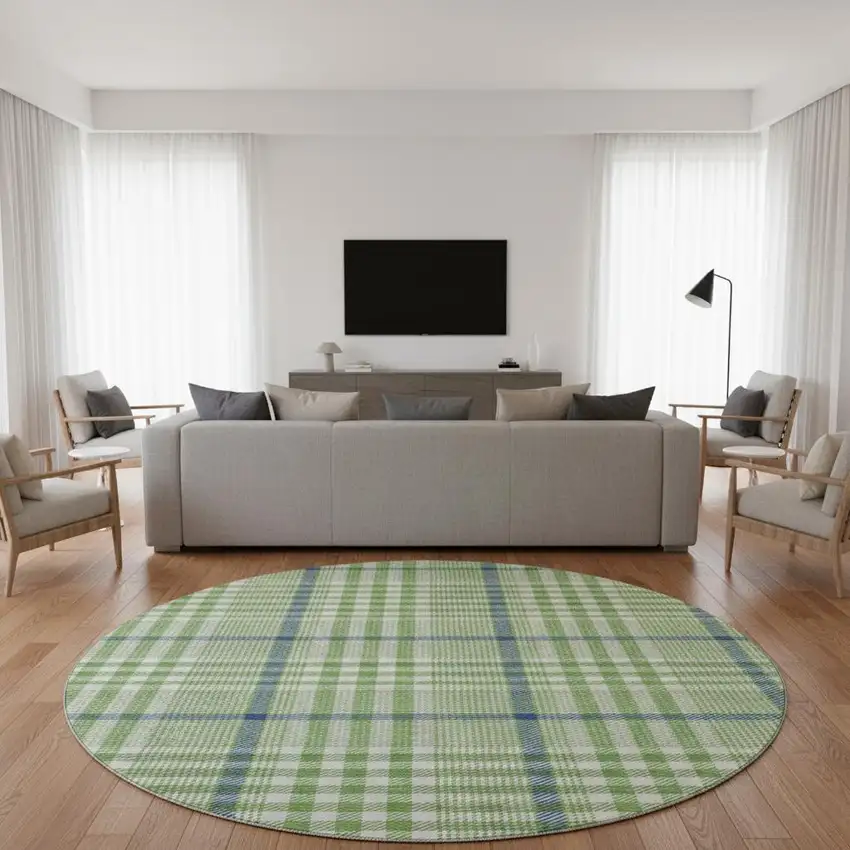 8' Green Ivory And Blue Plaid Washable Round Rug With UV Protection Photo 2