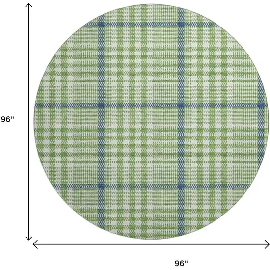 8' Green Ivory And Blue Plaid Washable Round Rug With UV Protection Photo 9