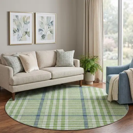 8' Green Ivory And Blue Plaid Washable Round Rug With UV Protection Photo 1