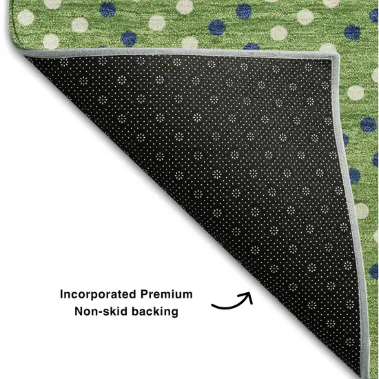 8' Green Ivory And Blue Polka Dot Washable Round Rug With UV Protection Photo 5