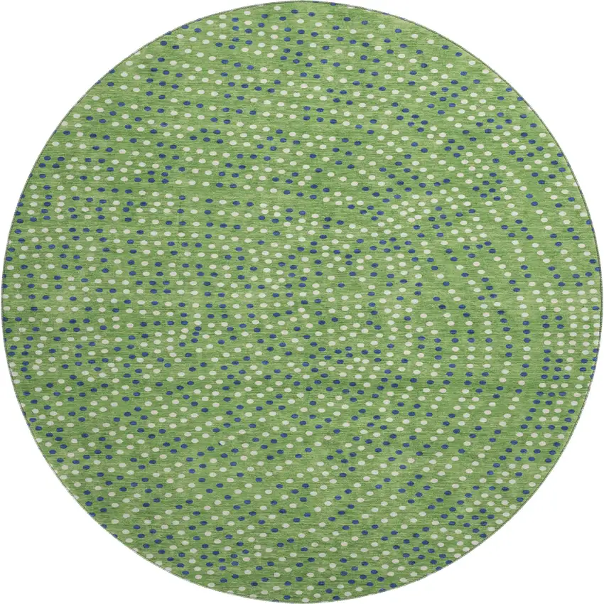 8' Green Ivory And Blue Polka Dot Washable Round Rug With UV Protection Photo 1