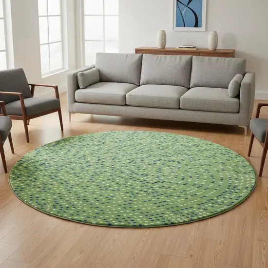 8' Green Ivory And Blue Polka Dot Washable Round Rug With UV Protection Photo 2