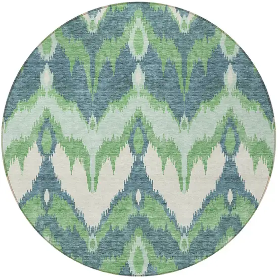 8' Green Ivory And Blue Round Ikat Washable Indoor Outdoor Area Rug Photo 6