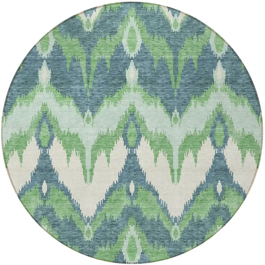 8' Green Ivory And Blue Round Ikat Washable Indoor Outdoor Area Rug Photo 6