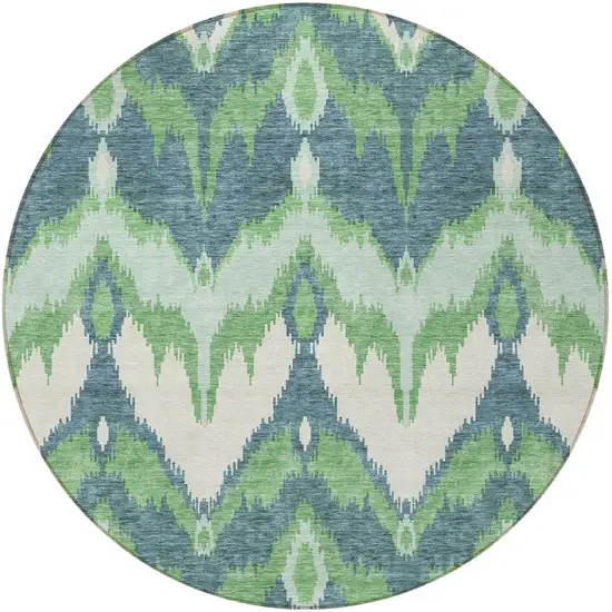 8' Green Ivory And Blue Round Ikat Washable Indoor Outdoor Area Rug Photo 6