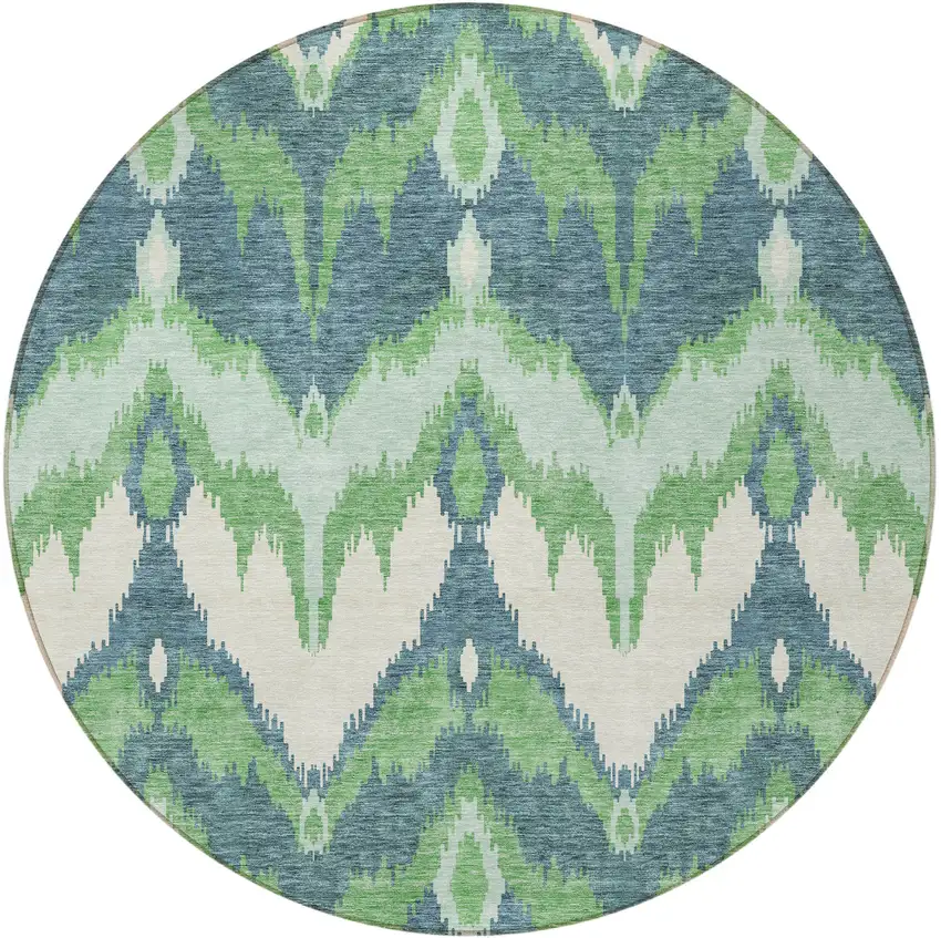 8' Green Ivory And Blue Round Ikat Washable Indoor Outdoor Area Rug Photo 6