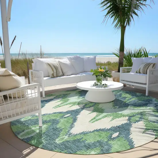 8' Green Ivory And Blue Round Ikat Washable Indoor Outdoor Area Rug Photo 7