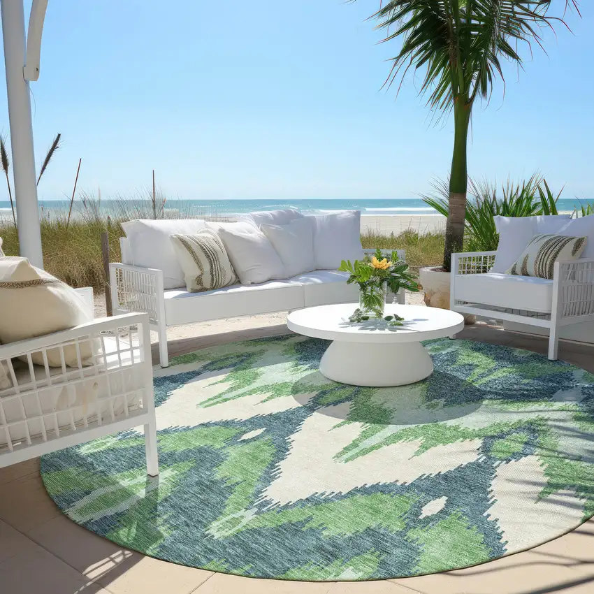 8' Green Ivory And Blue Round Ikat Washable Indoor Outdoor Area Rug Photo 7