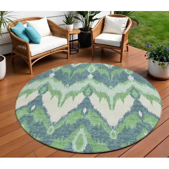 8' Green Ivory And Blue Round Ikat Washable Indoor Outdoor Area Rug Photo 1
