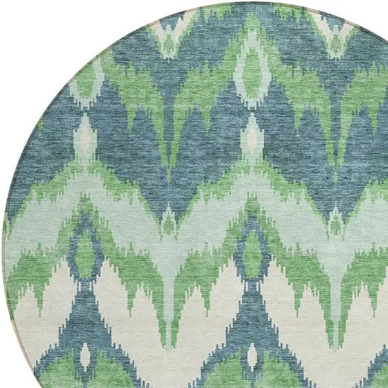 8' Green Ivory And Blue Round Ikat Washable Indoor Outdoor Area Rug Photo 5