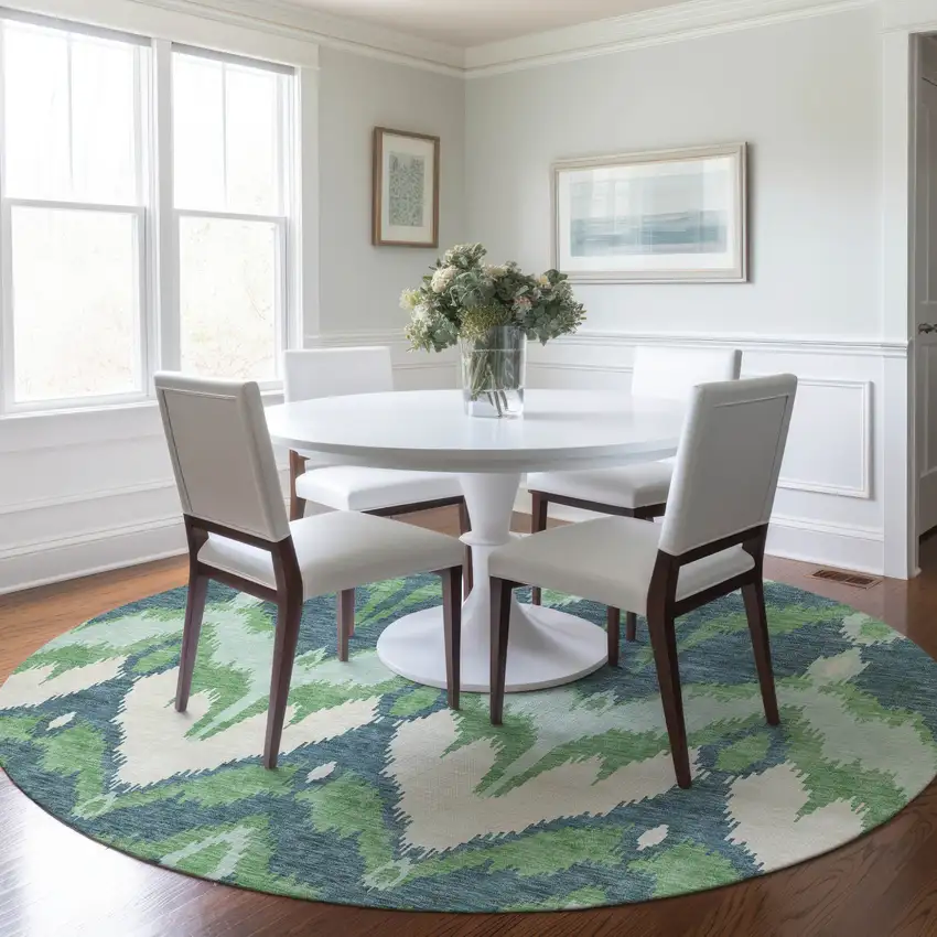 8' Green Ivory And Blue Round Ikat Washable Indoor Outdoor Area Rug Photo 8