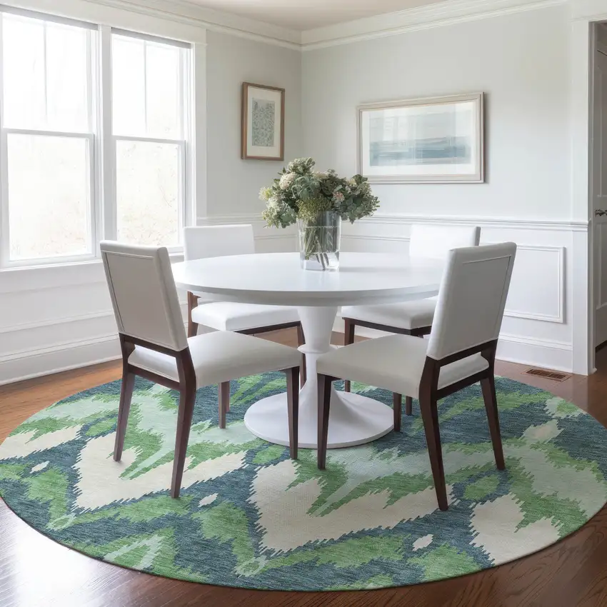 8' Green Ivory And Blue Round Ikat Washable Indoor Outdoor Area Rug Photo 8