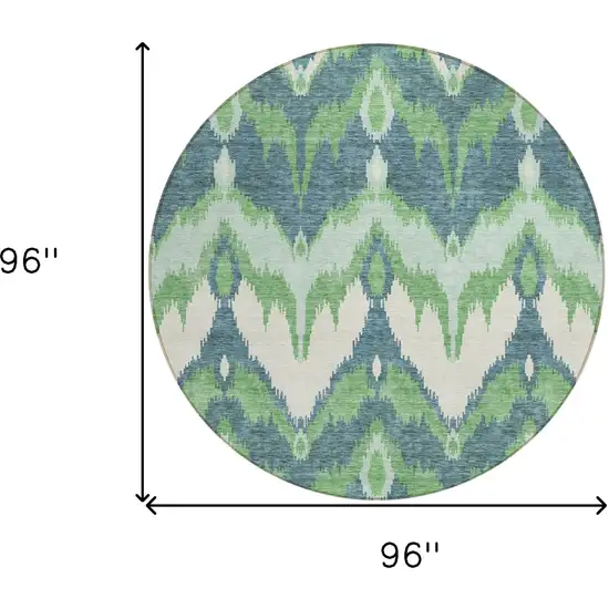 8' Green Ivory And Blue Round Ikat Washable Indoor Outdoor Area Rug Photo 9