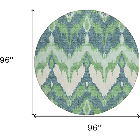 8' Green Ivory And Blue Round Ikat Washable Indoor Outdoor Area Rug Photo 9