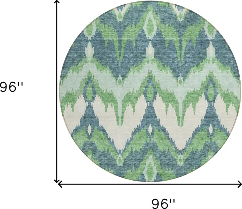 8' Green Ivory And Blue Round Ikat Washable Indoor Outdoor Area Rug Photo 9
