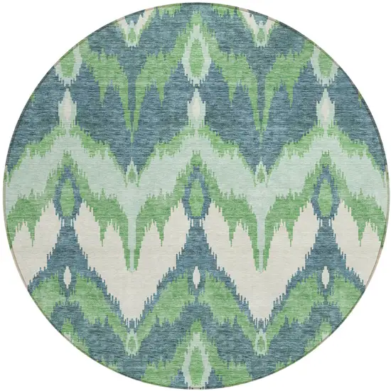 8' Green Ivory And Blue Round Ikat Washable Indoor Outdoor Area Rug Photo 1