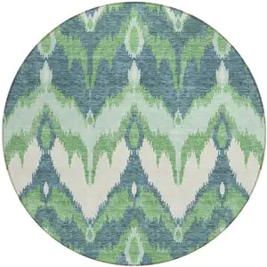 Photo of 8' Green Ivory And Blue Round Ikat Washable Indoor Outdoor Area Rug