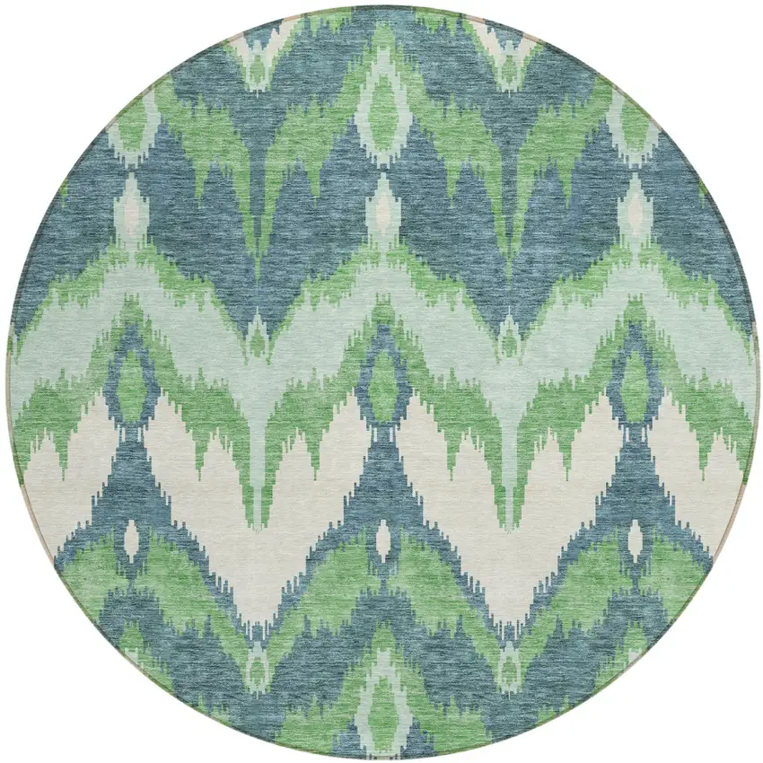 8' Green Ivory And Blue Round Ikat Washable Indoor Outdoor Area Rug Photo 1
