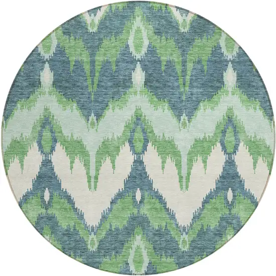 8' Green Ivory And Blue Round Ikat Washable Indoor Outdoor Area Rug Photo 1