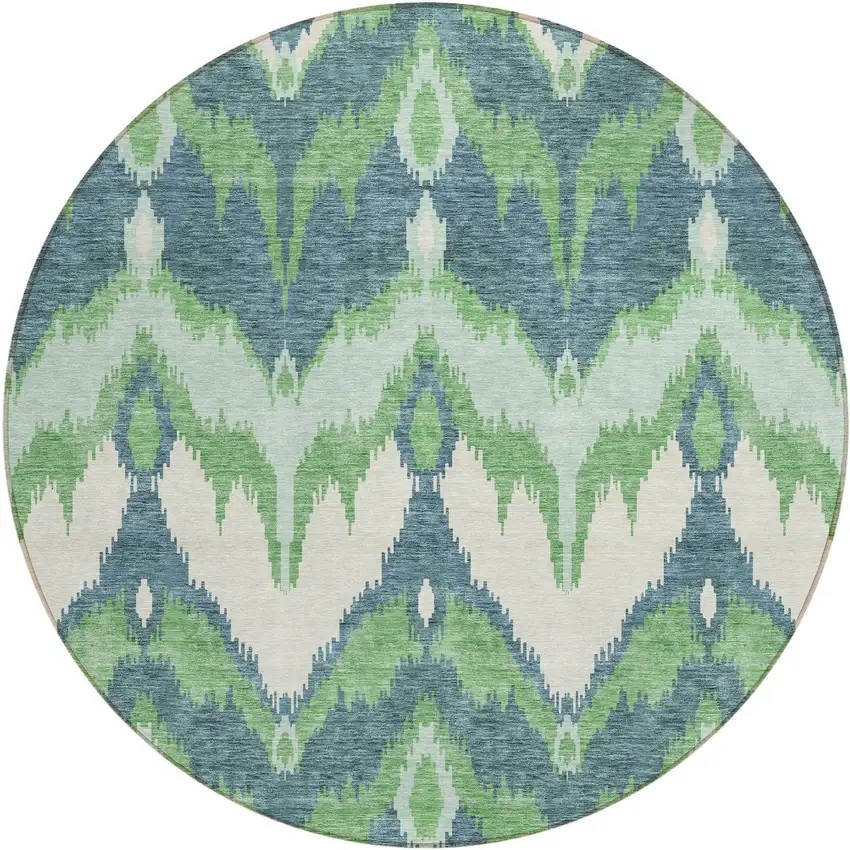 8' Green Ivory And Blue Round Ikat Washable Indoor Outdoor Area Rug Photo 1