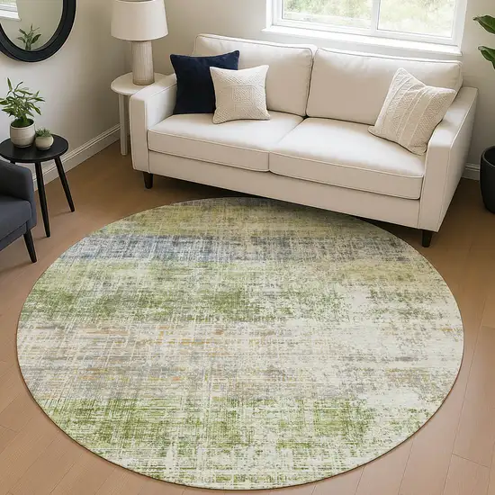 8' Green Ivory And Blue Round Striped Washable Indoor Outdoor Area Rug Photo 5