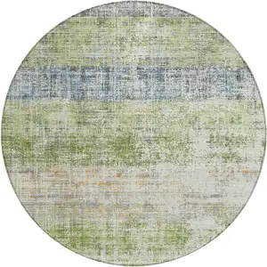 Photo of 8' Green Ivory And Blue Round Striped Washable Indoor Outdoor Area Rug