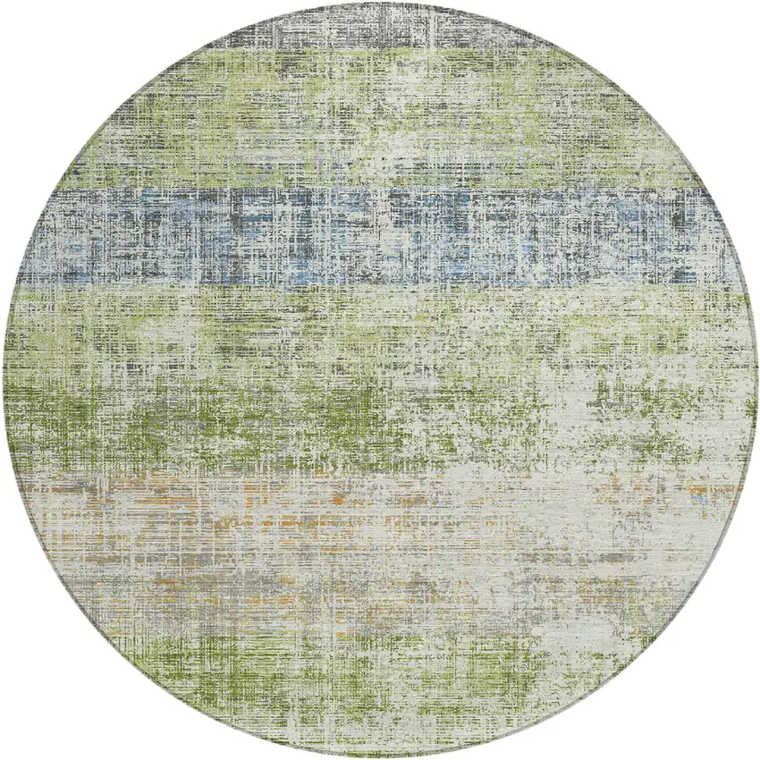 8' Green Ivory And Blue Round Striped Washable Indoor Outdoor Area Rug Photo 1