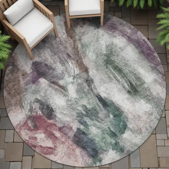 8' Green Ivory And Blush Round Abstract Washable Indoor Outdoor Area Rug Photo 8