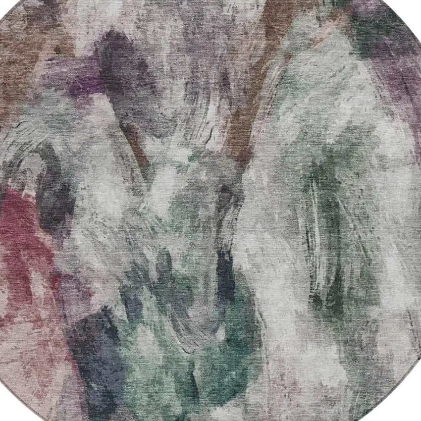 8' Green Ivory And Blush Round Abstract Washable Indoor Outdoor Area Rug Photo 5