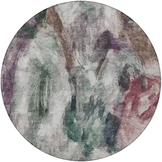 8' Green Ivory And Blush Round Abstract Washable Indoor Outdoor Area Rug Photo 4
