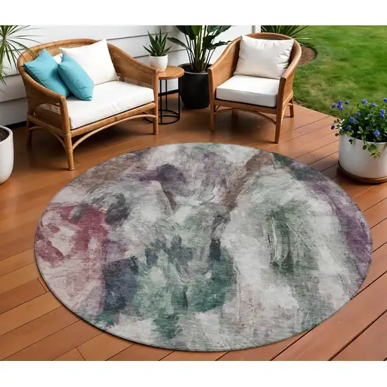 8' Green Ivory And Blush Round Abstract Washable Indoor Outdoor Area Rug Photo 2