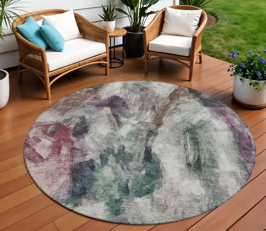 8' Green Ivory And Blush Round Abstract Washable Indoor Outdoor Area Rug Photo 2