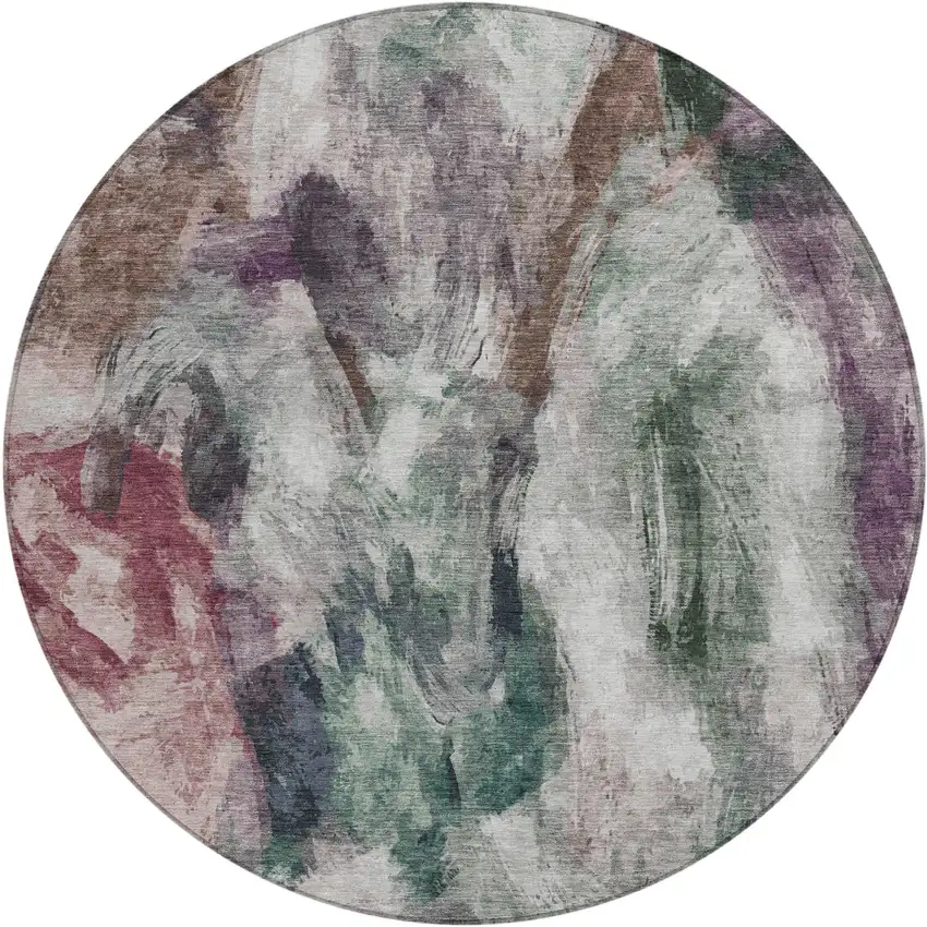 8' Green Ivory And Blush Round Abstract Washable Indoor Outdoor Area Rug Photo 1