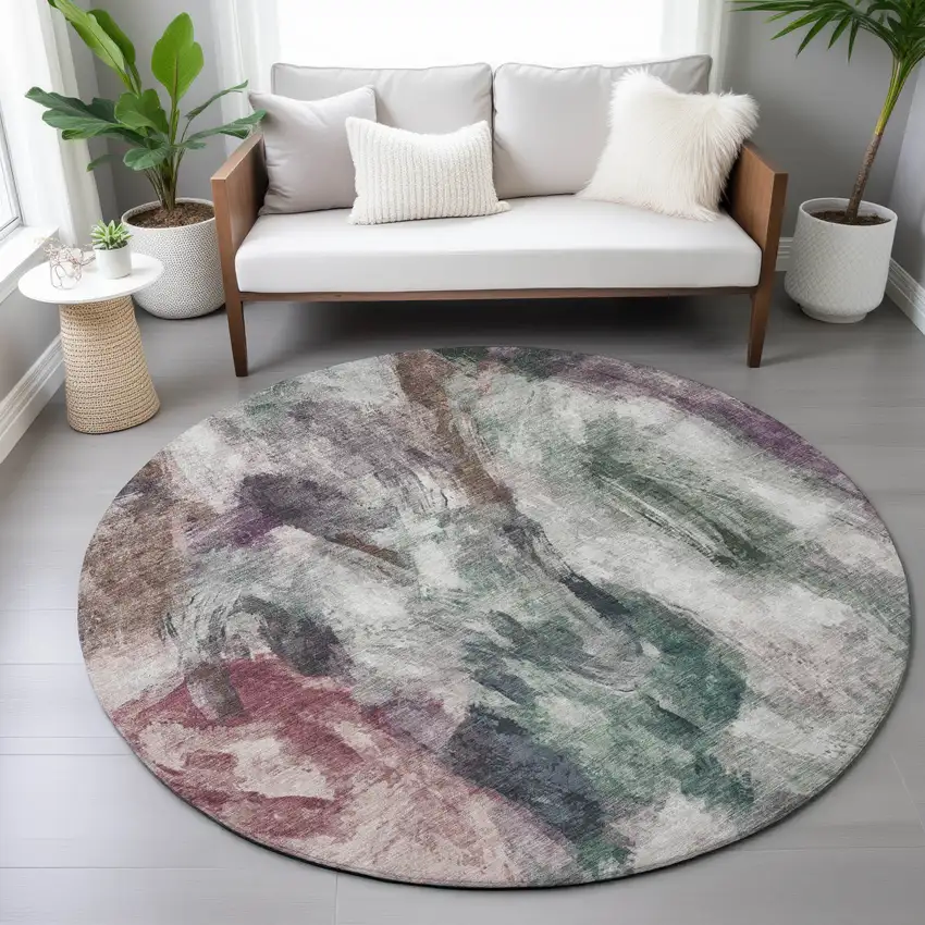 8' Green Ivory And Blush Round Abstract Washable Indoor Outdoor Area Rug Photo 9