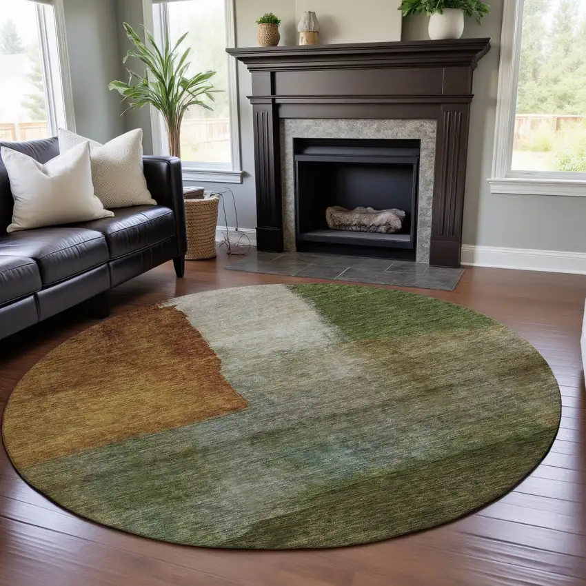 8' Green Ivory And Brown Abstract Washable Round Rug With UV Protection Photo 3