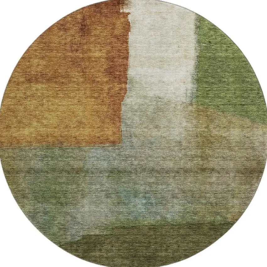 8' Green Ivory And Brown Abstract Washable Round Rug With UV Protection Photo 2
