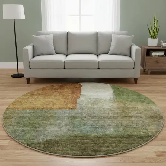 8' Green Ivory And Brown Abstract Washable Round Rug With UV Protection Photo 2