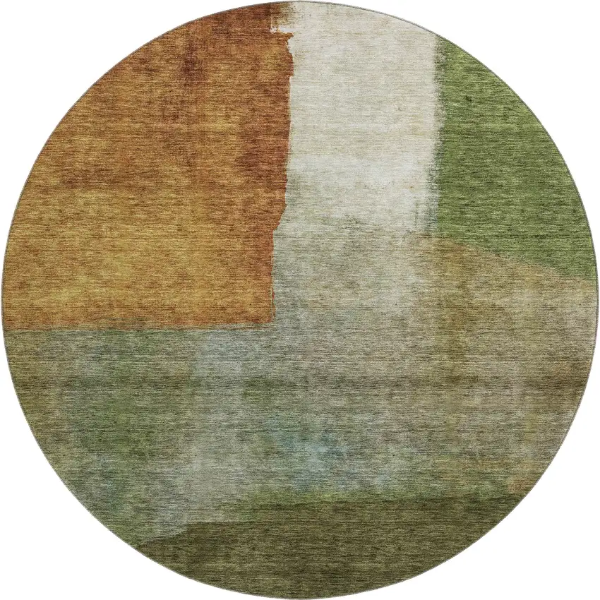 8' Green Ivory And Brown Abstract Washable Round Rug With UV Protection Photo 1