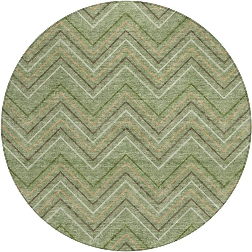 8' Green Ivory And Brown Round Geometric Washable Indoor Outdoor Area Rug Photo 1