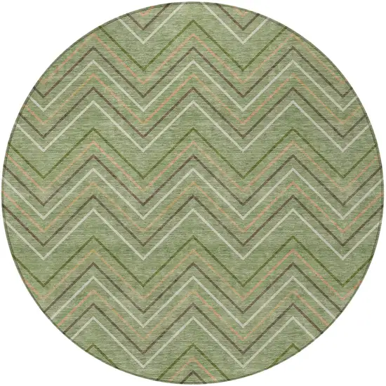8' Green Ivory And Brown Round Geometric Washable Indoor Outdoor Area Rug Photo 3