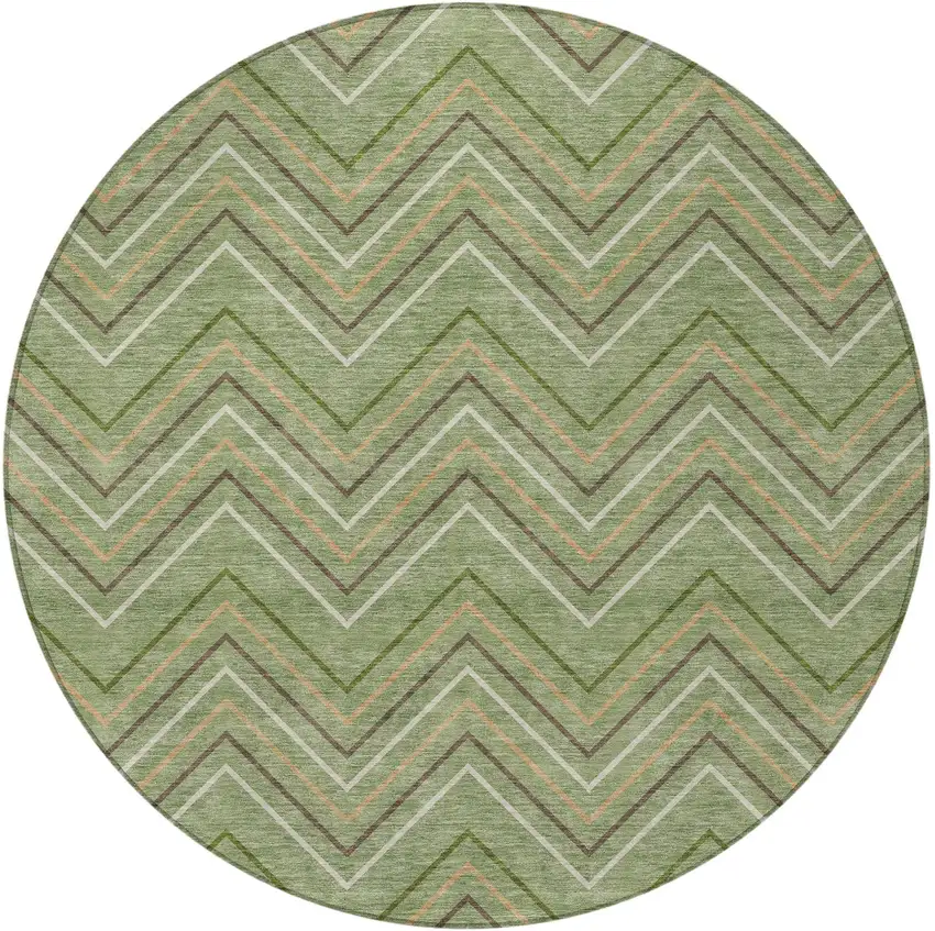 8' Green Ivory And Brown Round Geometric Washable Indoor Outdoor Area Rug Photo 3
