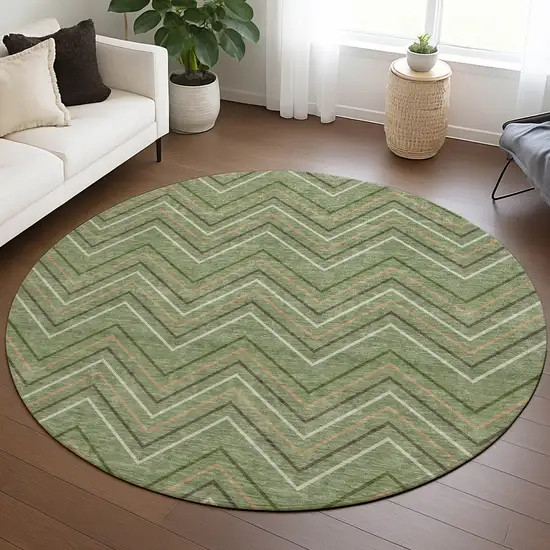 8' Green Ivory And Brown Round Geometric Washable Indoor Outdoor Area Rug Photo 5
