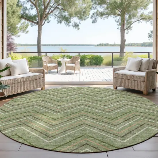 8' Green Ivory And Brown Round Geometric Washable Indoor Outdoor Area Rug Photo 4