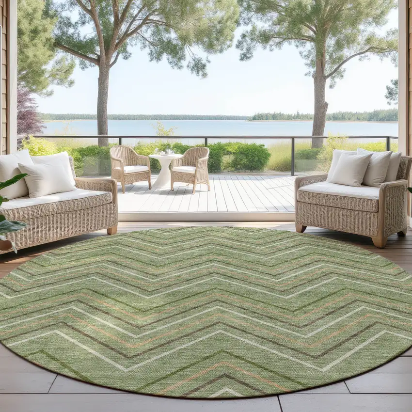 8' Green Ivory And Brown Round Geometric Washable Indoor Outdoor Area Rug Photo 4