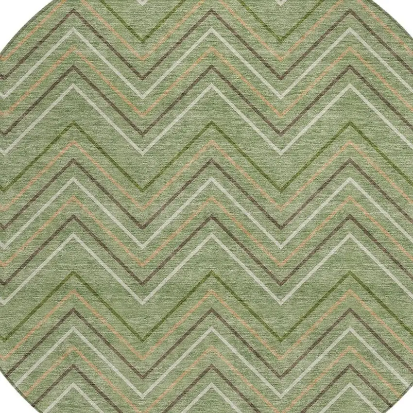 8' Green Ivory And Brown Round Geometric Washable Indoor Outdoor Area Rug Photo 2